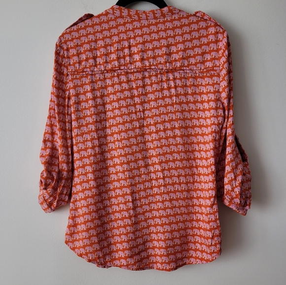 A.N.A. A New Approach Long Sleeve Blouse Orange + Pink Elephants Pleated Front - Picture 3 of 15